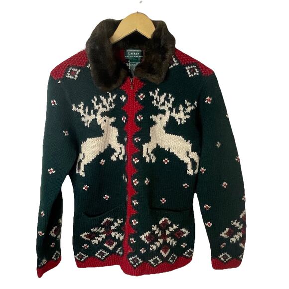 VTG Ralph Lauren Handknit Reindeer Wool Sweater Cardigan Faux Fur Holiday Sz S/M - Picture 6 of 16